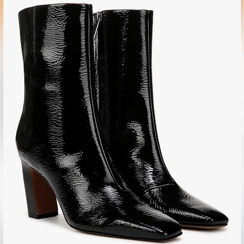 Franco Sarto Black Patent Leather Pointed-Toe Mid-Heel Boots